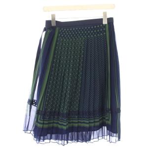 sacai ラップスカート 巻き プリーツ フレア ひざ丈 総柄 バイカラー 1 紺 ネイビー 緑 グリーン /BB