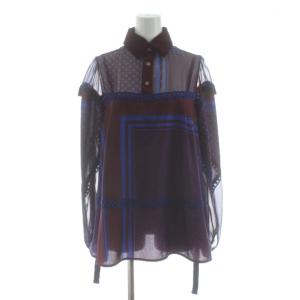 ブラウス カットソー 長袖 シアー ベロア衿 総柄 インナーキャミ付き 1 ボルドー 青 ブルー 16-02698