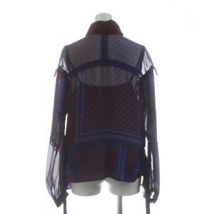 sacai ブラウス カットソー 長袖 シアー ベロア衿 総柄 インナーキャミ付き 1 ボルドー 青 ブルー 16-02698