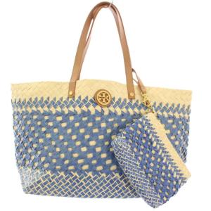 かごバッグ カゴバッグ ハンドバッグ 編み込み ロゴ ポーチ付き ベージュ 青 ブルー /BB