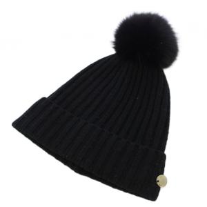 ニット帽 帽子 ポンポン フォックスファー ウール ワンカラー ロゴ 999 黒 ブラック /BB