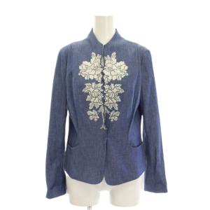 ジャケット フラワー刺繍 リネン混 1 青 ブルー 016-6150410 /YM