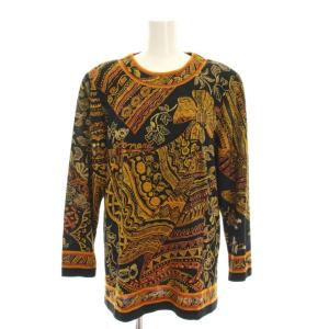 FASHION ブラウス カットソー 総柄 ウール シルク 長袖 L 黒 ブラック ブラウン オレンジ