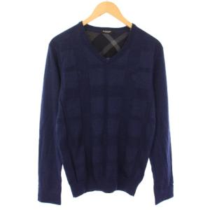 ニット セーター 長袖 Vネック ウール チェック L 紺 51N09-608-28 /TK