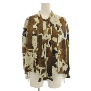 シルク バンドカラー シャツ ブラウス リボンタイ 長袖 総柄 S 茶 ブラウン G36WP049 /G