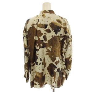 GOLDEN GOOSE シルク バンドカラー シャツ ブラウス リボンタイ 長袖 総柄 S 茶 ブラウン G36WP049 /G
