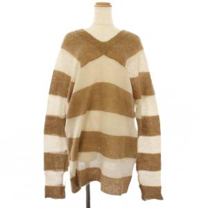 ヨウジヤマモト ニット セーター 長袖 Vネック ボーダー柄 モヘヤ ウール シルク S アイボリー ブラウン