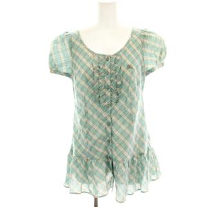 シャツ ブラウス 38 水色 ライトブルー ベージュ チェック 半袖 フリル /HN
