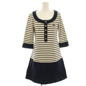 ワンピース 38 紺 ネイビー ベージュ ボーダー 七分袖 ミニ /HN