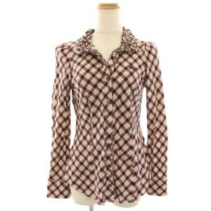 シャツ ブラウス 38 ベージュ 赤 レッド チェック フリル襟 長袖 /HN