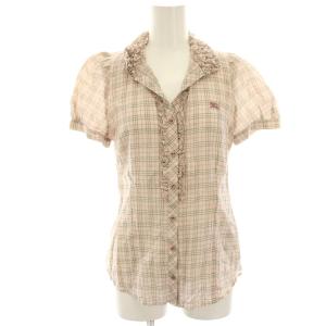 シャツ ブラウス 38 ピンク チェック柄 半袖 フリル /HN