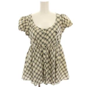 ブラウス シャツ 38 ベージュ 黒 ブラック チェック 半袖 Uネック /HN