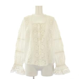 24SS コットンレースブラウス シャツ 長袖 スクエアネック 刺繍 ワンカラー フリル F 白 ホワイト