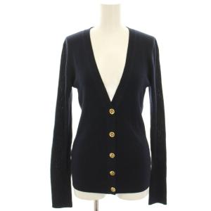 ニットカーディガン ウール リブ M 紺 ネイビー Vネック 長袖 薄手 ロゴボタン /HN