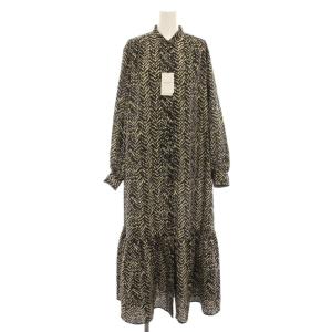 25AW ランダムヘリンボーンプリントワンピース ロング バンドカラー 長袖 総柄 タグ付き F 黒 ブラック