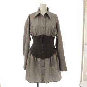 コルセットデザインシャツワンピース  ミニ丈 グレー S ネクタイ付き /JP