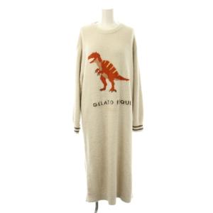 ワンピース F ベージュ 長袖 ロング丈 恐竜柄 /JP