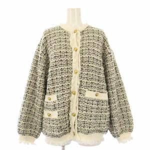 ツイードニットジャケット アウター ショート丈 0 白 ホワイト 黒 ブラック 09WNJ241110