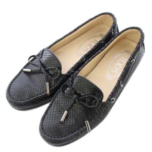 ドライビングシューズ スリッポン ローカット ローヒール レザー クロコ型押し リボン 35.5 黒 ブラック