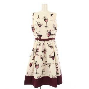 フレアワンピース ミモレ ロング ノースリーブ クルーネック ベルト 総柄 38 アイボリー ボルドー