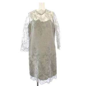 ワンピース ひざ丈 長袖 レース切替 シアー 42 グレー /KH