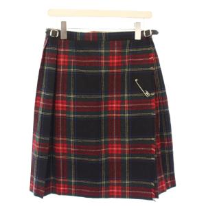 ラップスカート 巻き プリーツ フレア ひざ丈 チェック柄 ウール ベルト I44 赤 レッド /BB