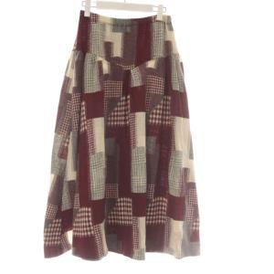 スカート ウール M 赤 マルチカラー パッチワーク チェック柄 ロング丈 /AU