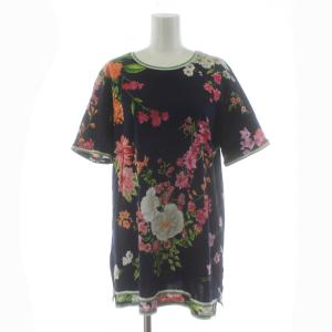 FASHION Tシャツ カットソー チュニック 半袖 花柄 プリント M 紺 ネイビー マルチカラー