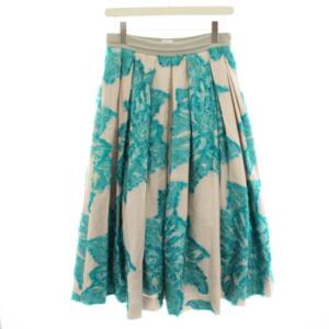 タグ付き フレアスカート タック 38 ベージュ 青 ブルー 花柄 ミモレ ロング /HN