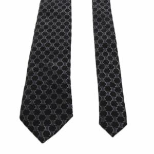 CELINE マカダム柄 レギュラータイ ネクタイ 総柄 シルク 絹 シルバー色 黒 ブラック /AN79 OH