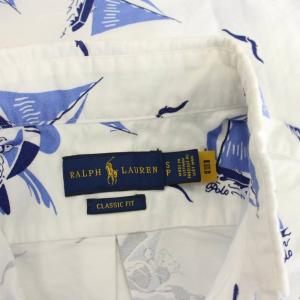 RALPH LAUREN ボタンダウンシャツ 総柄 S 白 ホワイト 青 ブルー ヨット柄 半袖 /YM