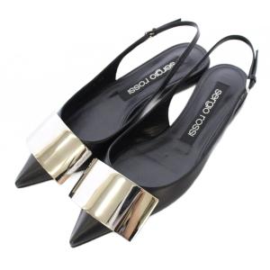 SR1 スリングバック ミュール ストラップパンプス ポインテッドトゥ ローヒール レザー 37 黒 ブラック