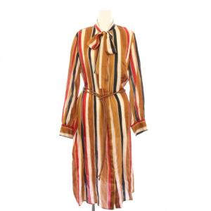 シャツワンピース マキシ ロング 長袖 ボウタイ ベルト シルク ストライプ柄 36 茶 ブラウン /BB