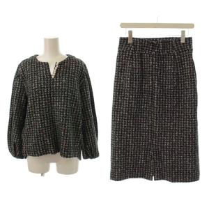 セットアップ 9 黒 ブラック ひざ丈スカート ハウンドトゥース柄 パールボタン 長袖 /JP