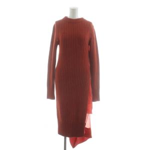 異素材長袖ニットワンピース シフォン切替 1 オレンジ