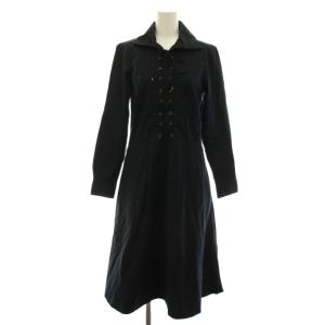シャツワンピース ロング 4 黒 ブラック 長袖 レースアップ /YM