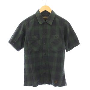 B&C C-SHIRT SS カジュアルシャツ 半袖 レギュラーカラー チェック柄 S 緑 グリーン 黒