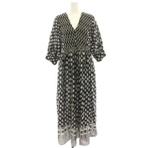 ワンピース ONE 黒 ブラック 白 ホワイト Vネック 七分袖 総柄 ロング マキシ /HN