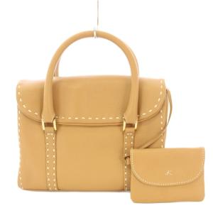 ハンドバッグ レザー ワンカラー ロゴ ポーチ付き ベージュ /BB