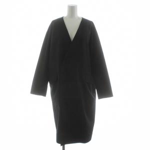 DESCENTE ノーカラーコート ダブル ロング ハイテク素材 ウール混 M 黒 ブラック DOR-T9544