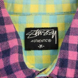 STUSSY シャツ 半袖 チェック柄 M 紺 ピンク /BM