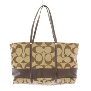 COACH シグネチャー トートバッグ ハンドバッグ キャンバス レザー ロゴチャーム バイカラー 茶 ブラウン ベージュ