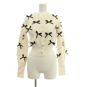 ニット リボンモチーフカーディガン F 白  丸首 長袖 /JP