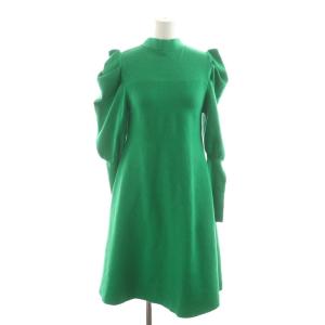 ニットワンピース ひざ丈 長袖 フリル リボン F 緑 グリーン /RR