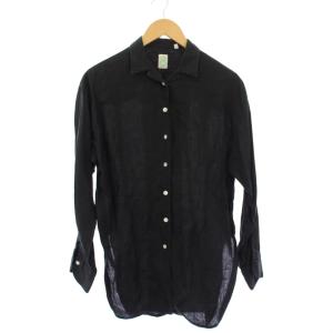 オープンカラーシャツ カジュアル 長袖 ワンカラー 麻 リネン 無地 40 黒 ブラック /BB