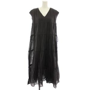 コットンボイルワンピース ティアードワンピース ロング 半袖 フレンチスリーブ リボン S チャコールグレー