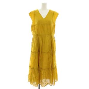 コットンボイルワンピース ティアードワンピース ロング 半袖 フレンチスリーブ リボン S マスタード