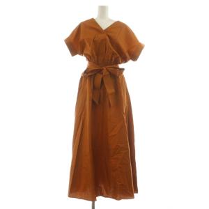 タグ付き ワンピース ロング F 茶 ブラウン 半袖 Vネック ベルト付き /RR