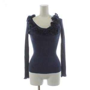 ニット カットソー 長袖 フリル カシミヤ シルク混 絹 L 紺 ネイビー /AN58