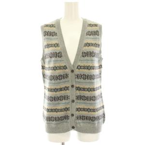 ニットベスト 前開き 2 グレー 幾何学柄 総柄 Vネック ウール混 /HN